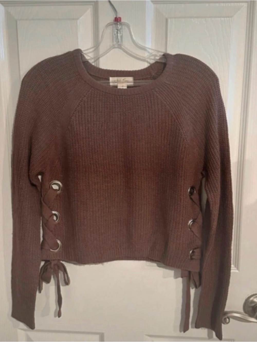 Lace-Up Side Detail Crewneck Sweater - Brown